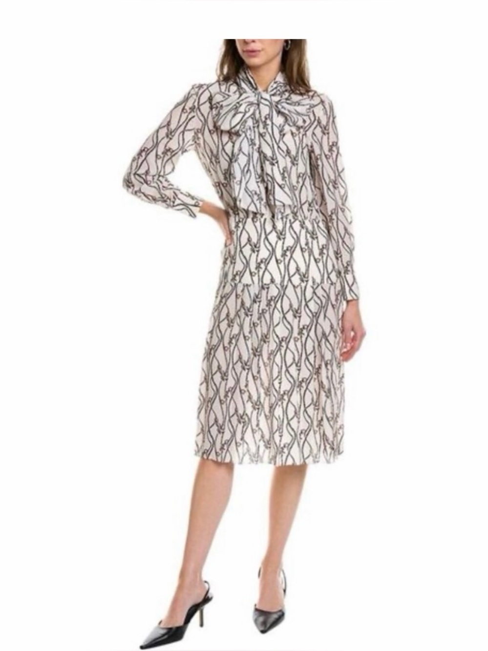 Salvatore Ferragamo Cream Long-Sleeve Tie-Neck Midi Dress with Black Chain Print